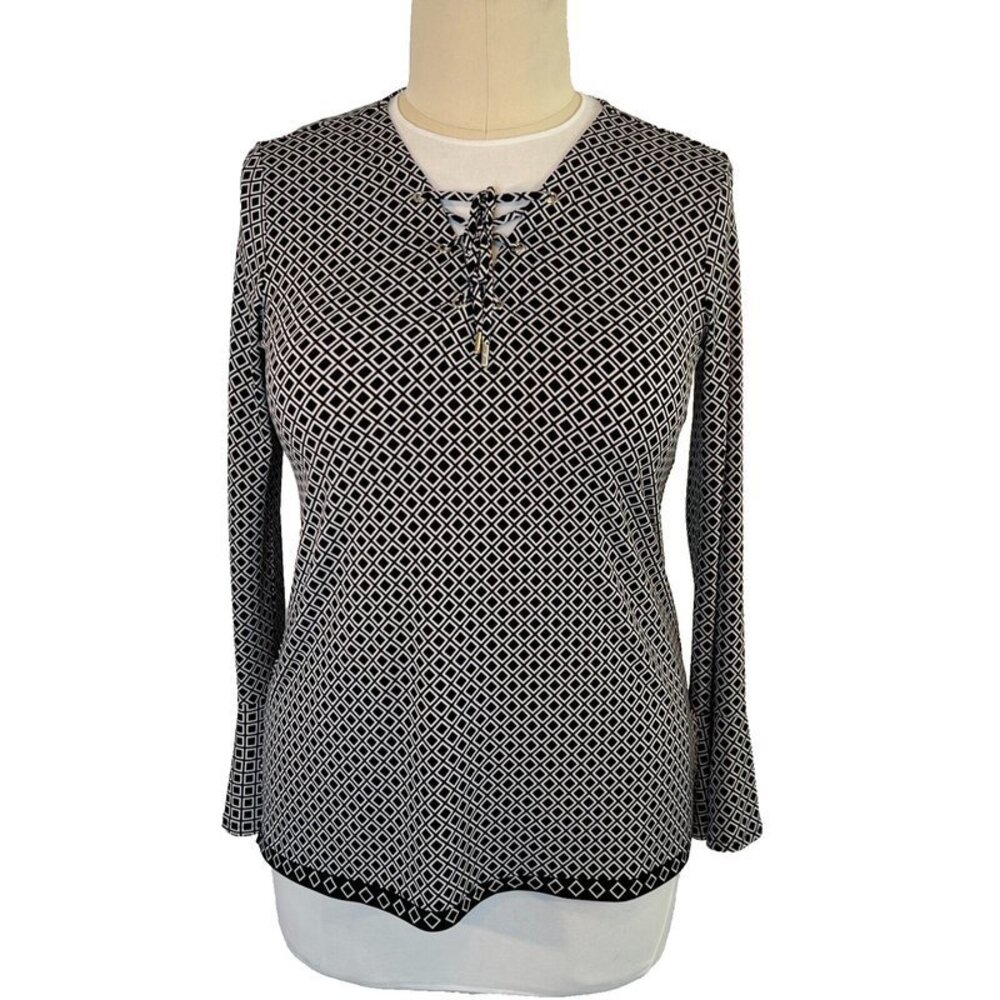 Michael Kors Women's L Blouse Laced V-Neck Geometric Long Sleeve Flared Cuffs